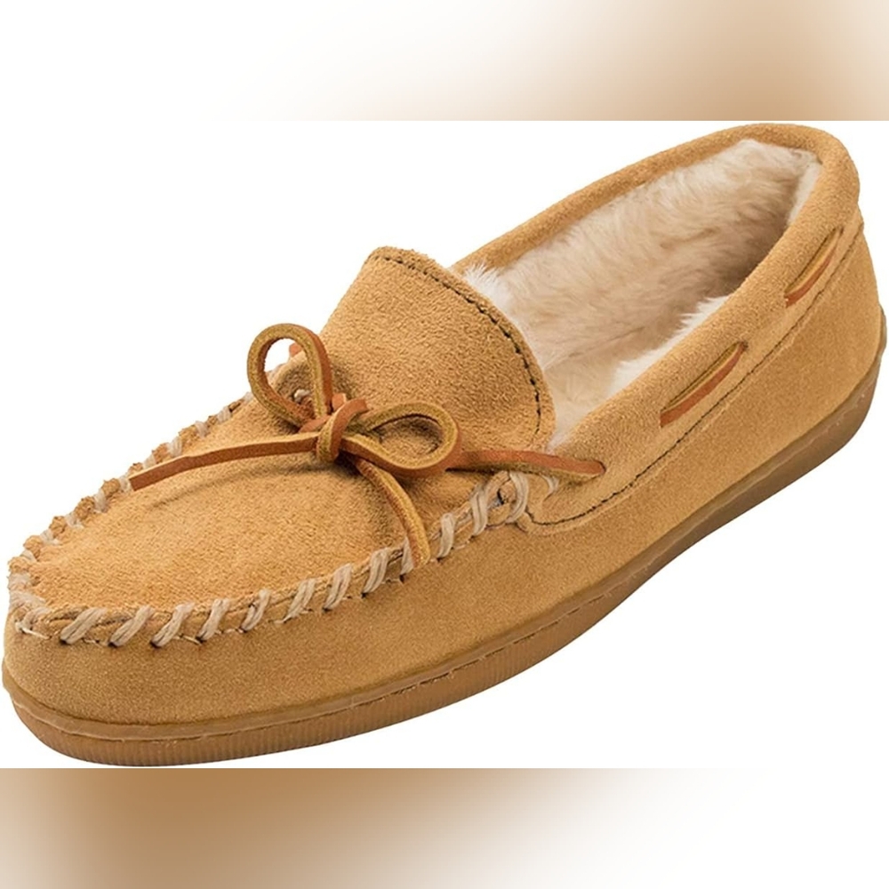 Minnetonka Shoes Camel Brown Suede Laced Mocassins Fur Lined Hard Soles …